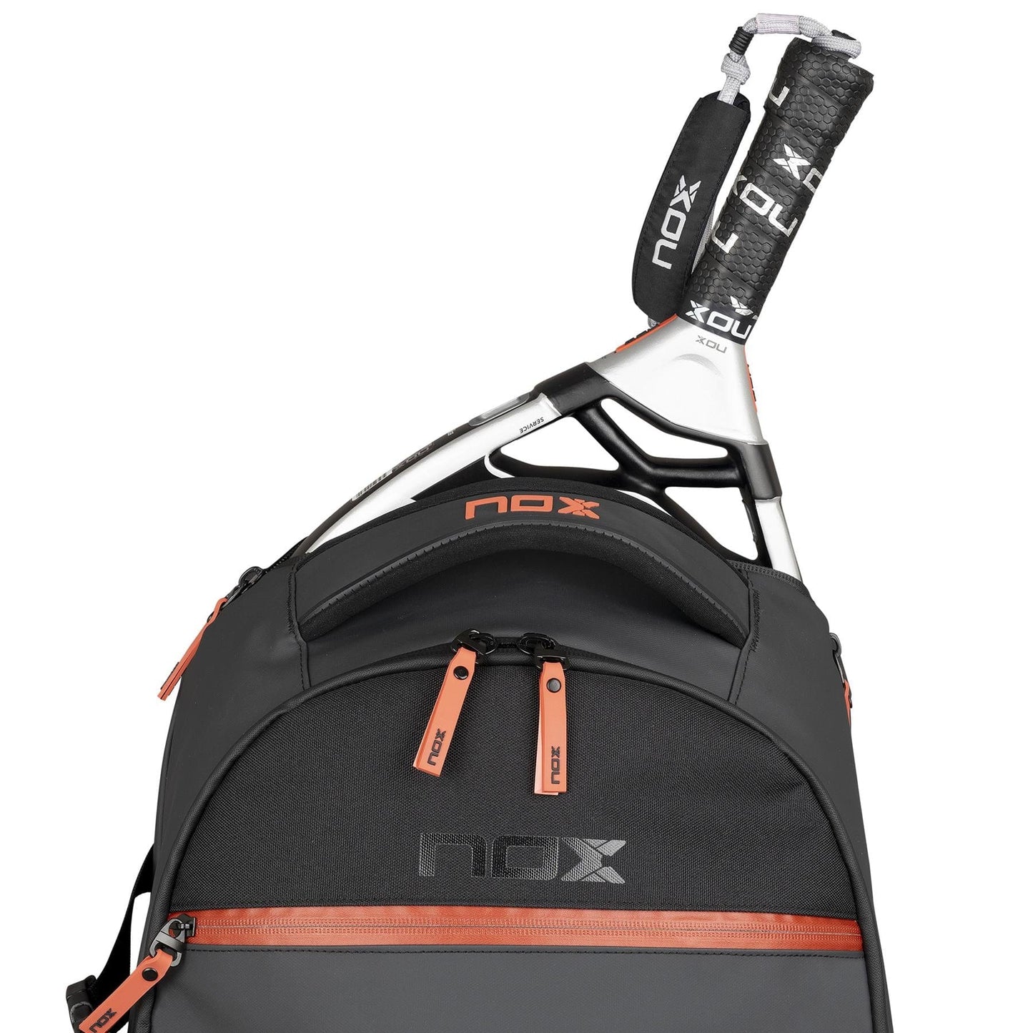 The NOX Luxury Open Series Padel Backpack - Black / Red features air ventilation, red zipper accents, and holds a NOX paddle racket with the NOX logo on both the bag and racket handle cover.