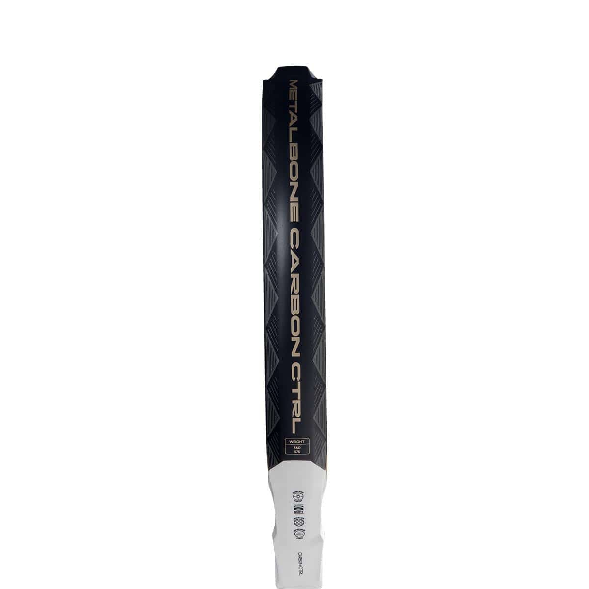 Close-up of an ADIDAS Metalbone Carbon CTRL 3.4 Padel Racket handle for advanced players. "Metalbone Carbon Ctrl" is printed on its sleek black and gold surface, featuring a textured pattern.