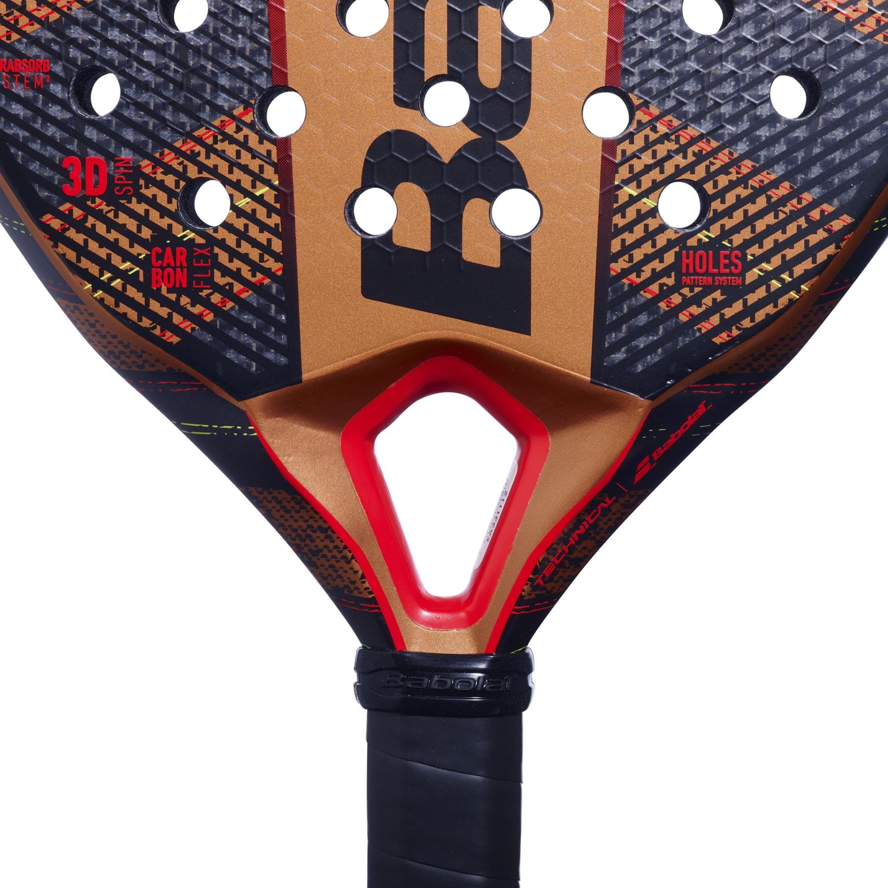 Close-up of a Babolat Technical Veron Padel Racket head, highlighting a dynamic power blend in copper and black with a carbon fiber texture. It features multiple holes and grip tape on the handle for enhanced Carbon Flex performance.