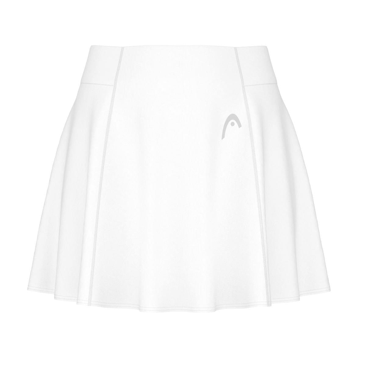The HEAD Performance Womens Padel Skort in white is designed with integrated inner shorts, a high waistband, and subtle pleats. It showcases the small logo on the front and uses Moisture Transfer Microfibre technology, making it perfect for both sports and casual outings.