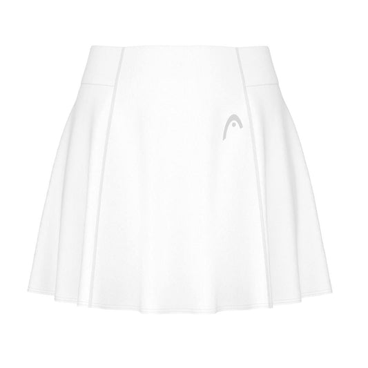 The HEAD Performance Womens Padel Skort in white is designed with integrated inner shorts, a high waistband, and subtle pleats. It showcases the small logo on the front and uses Moisture Transfer Microfibre technology, making it perfect for both sports and casual outings.