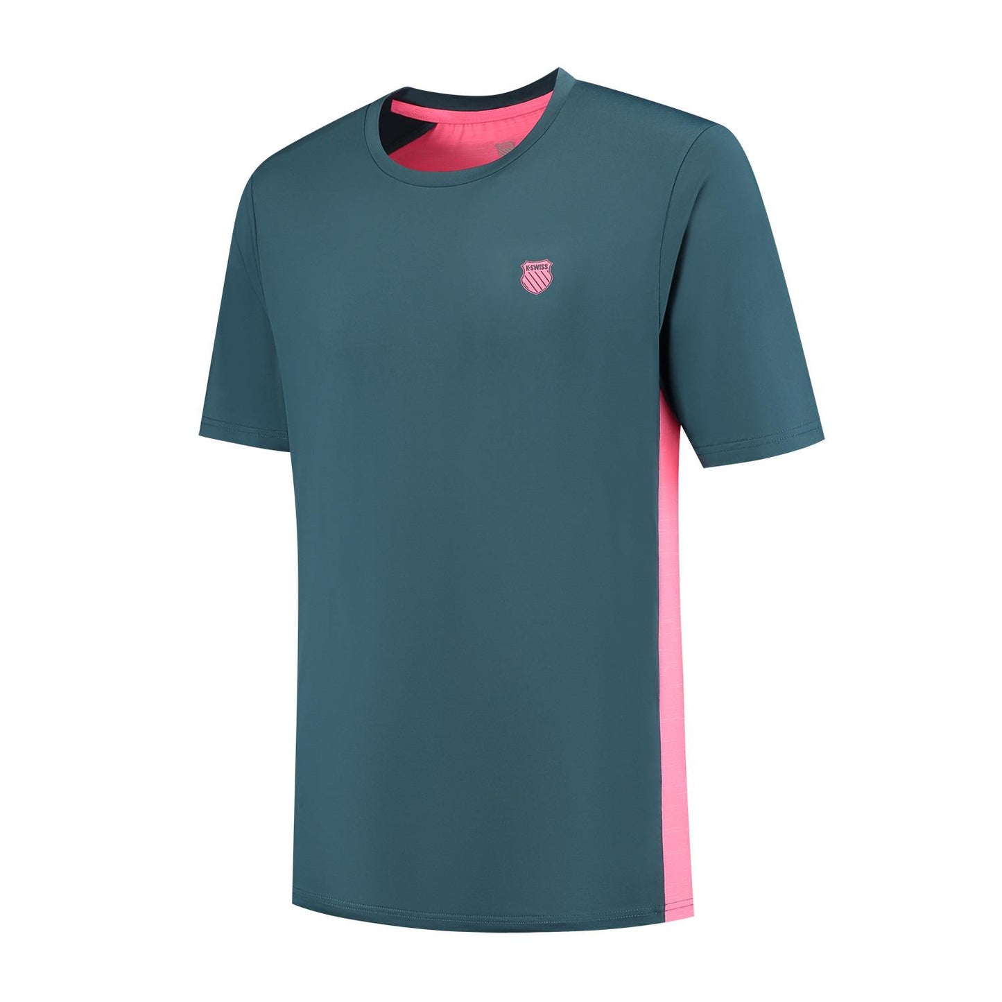 The K-Swiss Hypercourt Mix Melange Men's Padel T-Shirt in Stargazer/Pink has short sleeves, a pink stripe on each side, a round neck, and features a small logo on the left chest with contrasting pink interior, perfect for men's padel matches.