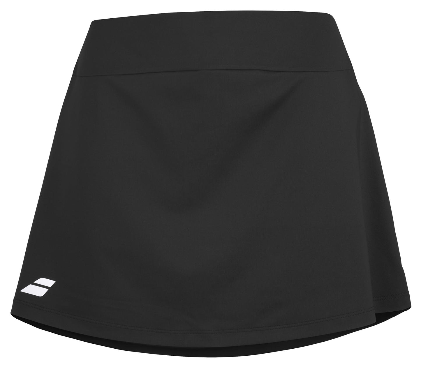 The Babolat Play Women's Padel Skirt in black showcases a sleek, minimalist design with a subtle flare at the hem and a discreet white logo on the lower left. Crafted from recycled polyester, this skirt by Babolat perfectly blends style with sustainability.