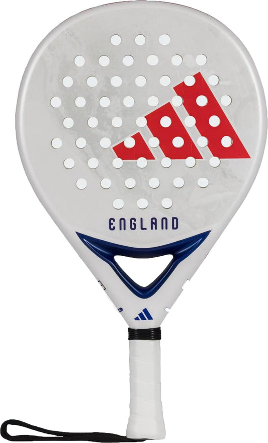 The ADIDAS England WC World Cup 2026 Padel Racket by adidas features a white design with round holes, bold red geometric logo, blue accents, "ENGLAND" in blue, and a white handle with black wrist strap—ideal for intermediate players.