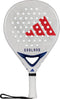 The ADIDAS England WC World Cup 2026 Padel Racket by adidas features a white design with round holes, bold red geometric logo, blue accents, "ENGLAND" in blue, and a white handle with black wrist strap—ideal for intermediate players.