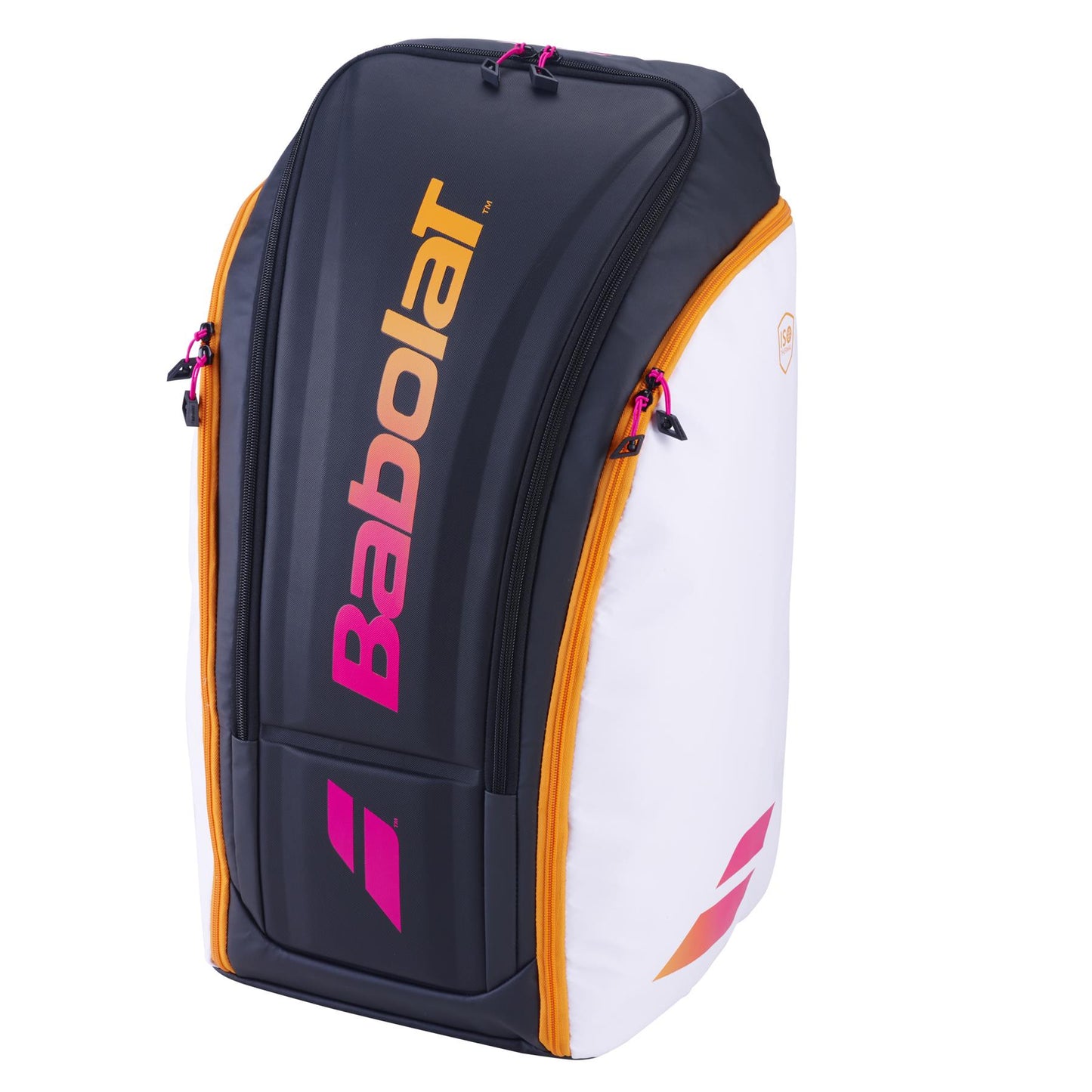 Introducing the Babolat RH Perf Padel Backpack, a stylish creation from Babolat with a sophisticated design. It features a black base prominently displaying the Babolat logo in pink, orange, and red hues, complemented by white sides accented with orange edges and lively details. Constructed from robust materials, this backpack includes zippers and waterproof compartments to securely store all your essentials.