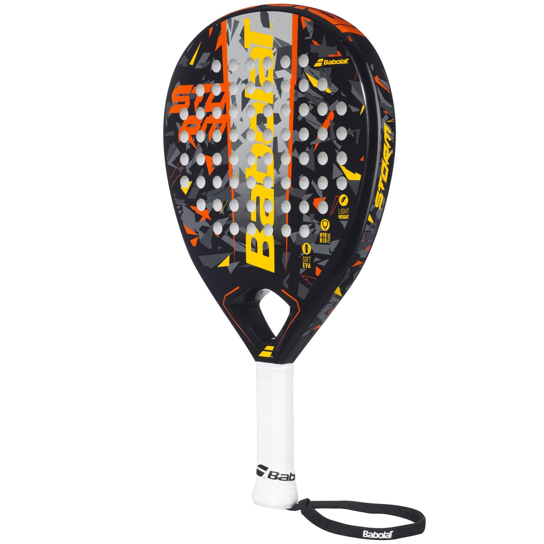 The Babolat Storm Padel Racket - Black / Yellow, perfect for players ranging from beginner to intermediate levels, features a teardrop-shaped head. Its striking design includes a sleek black frame accented with vibrant orange and yellow graphics, complemented by a white grip handle. The racket also showcases Babolat's signature branding and is equipped with a practical wrist strap for added security during play.