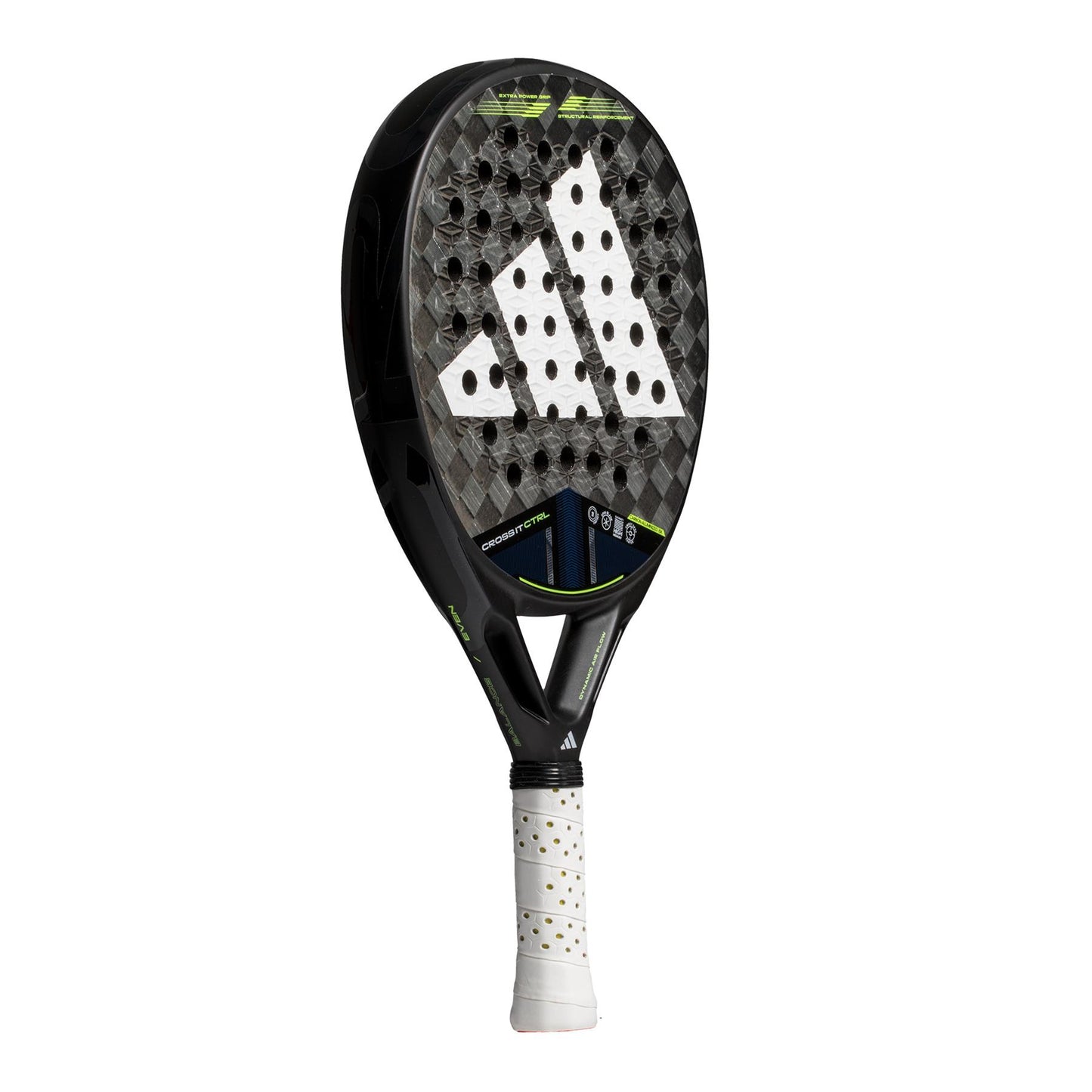 The ADIDAS Cross It CTRL 3.4 Padel Racket, perfect for advanced control-seeking players, features a checkered carbon 15K pattern. Its black and gray face with a prominent logo and small holes optimize aerodynamics, while the white grip tape speckled with black enhances grip security.