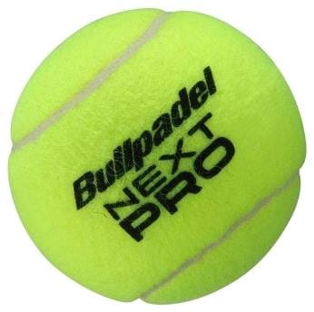 The Bullpadel NEXT Pro Padel Balls - 3 Ball Tube features bright yellow-green balls with “Bullpadel NEXT PRO” in black and curved white seams, offering durability and top performance for padel competitions.