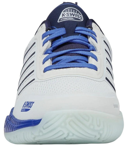 Front view of the K-Swiss Ultra Court Men's Padel Shoes in Bit Of Blue/Naval Academy/Dazzling Blue with mesh texture, blue laces, and logo on tongue and side. The translucent sole adds a modern touch to this high-performance K-Swiss padel shoe.