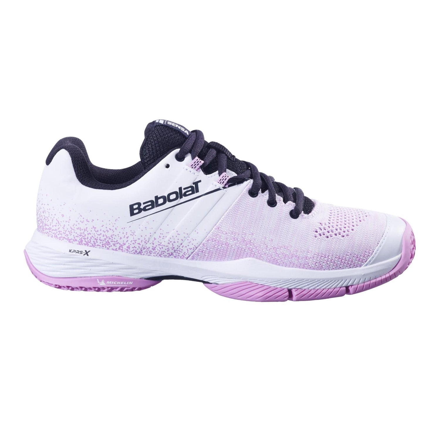 The Babolat Sensa Womens Padel Shoes in White/Lilac feature a gradient design, black laces, black lining, and a purple-white Michelin rubber sole. The "Babolat" logo is displayed on the side.