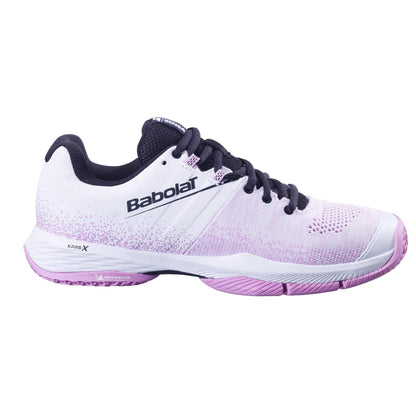 The Babolat Sensa Womens Padel Shoes in White/Lilac feature a gradient design, black laces, black lining, and a purple-white Michelin rubber sole. The "Babolat" logo is displayed on the side.
