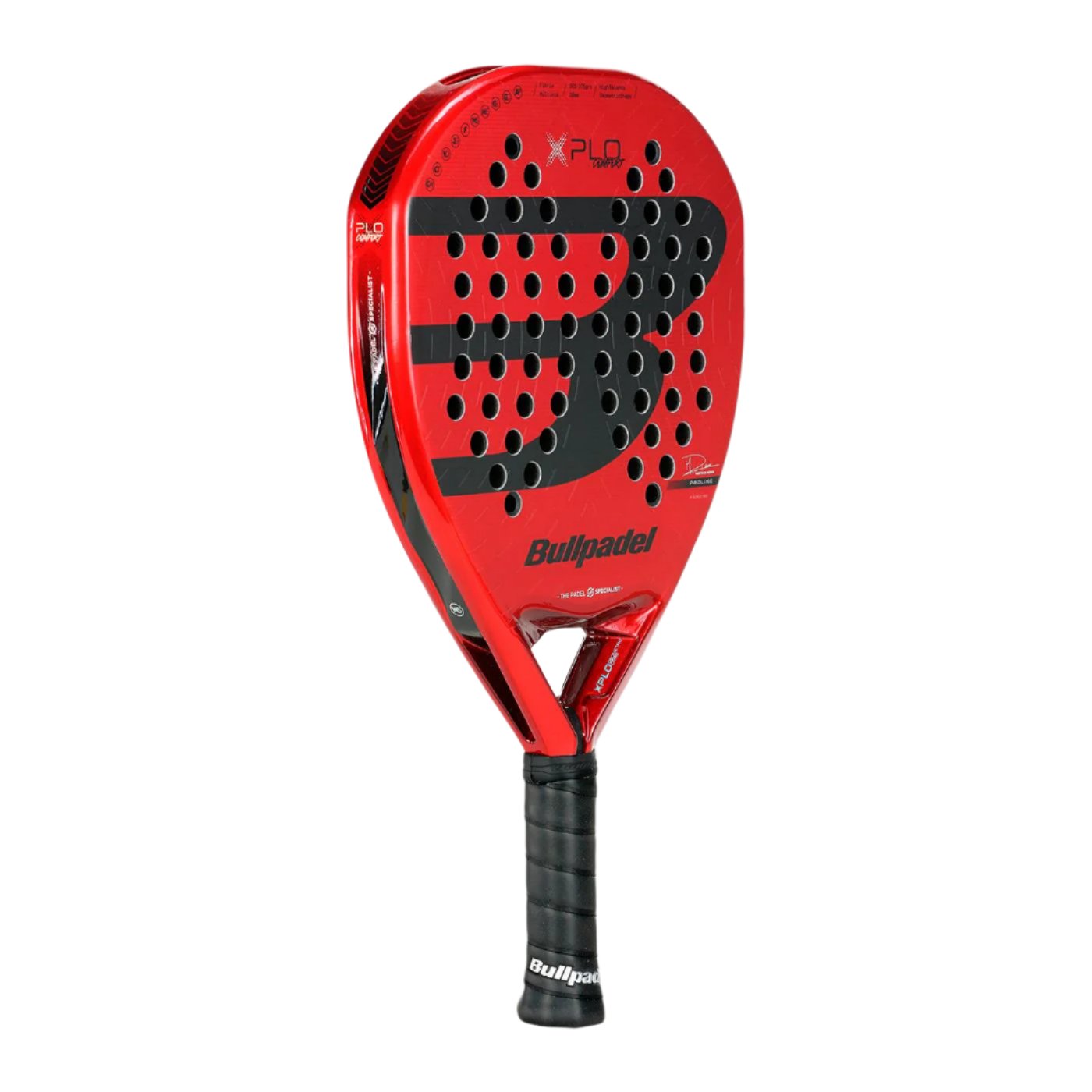 The Bullpadel Xplo Comfort 2025 padel racket in red and black features a perforated surface for enhanced power and a wrapped handle to ensure optimal grip.