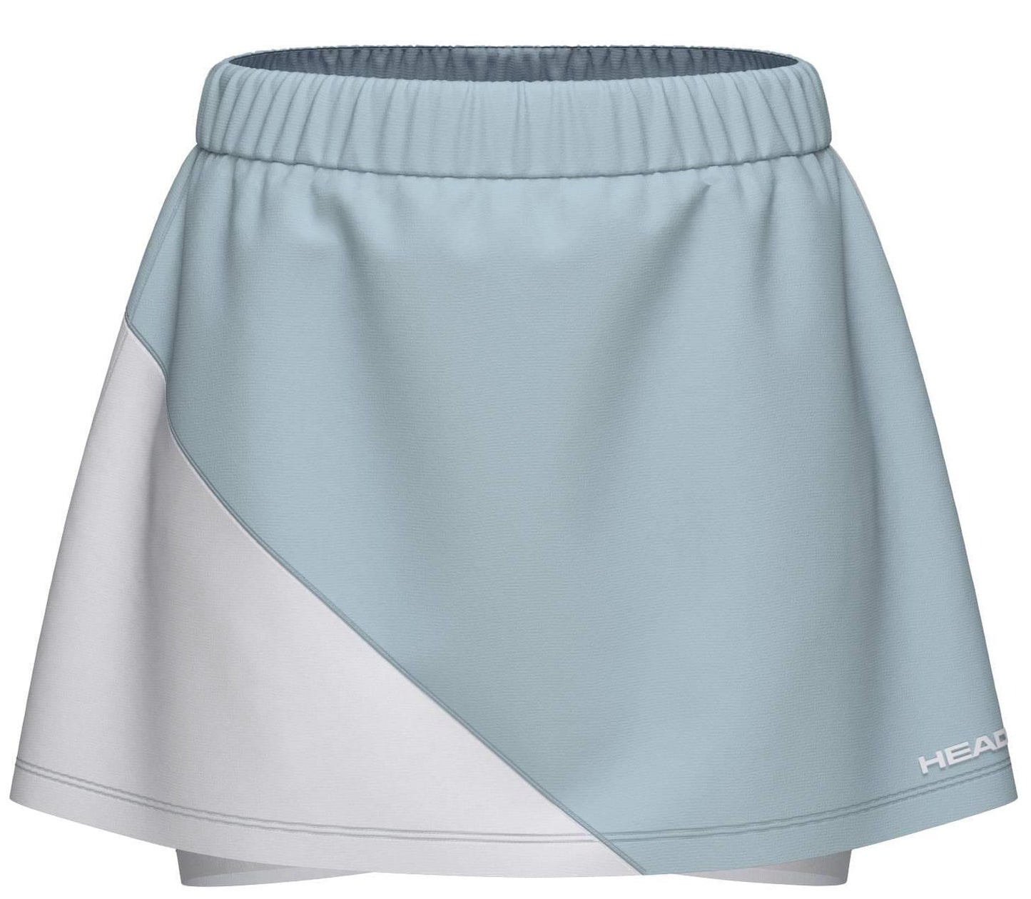 The HEAD Dynamic Womens Padel Skort in light blue and white features 4-way stretch, an elastic waistband, diagonal color block design, and a white "HEAD" logo on the lower right side.