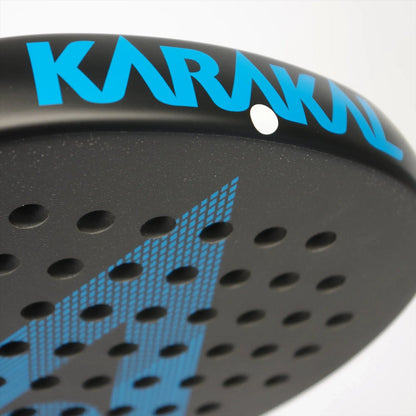 Close-up of the Karakal Air Lite 345 Blue Padel Racket, a lightweight model featuring blue Karakal branding and a dotted surface pattern, displayed against a plain white background.
