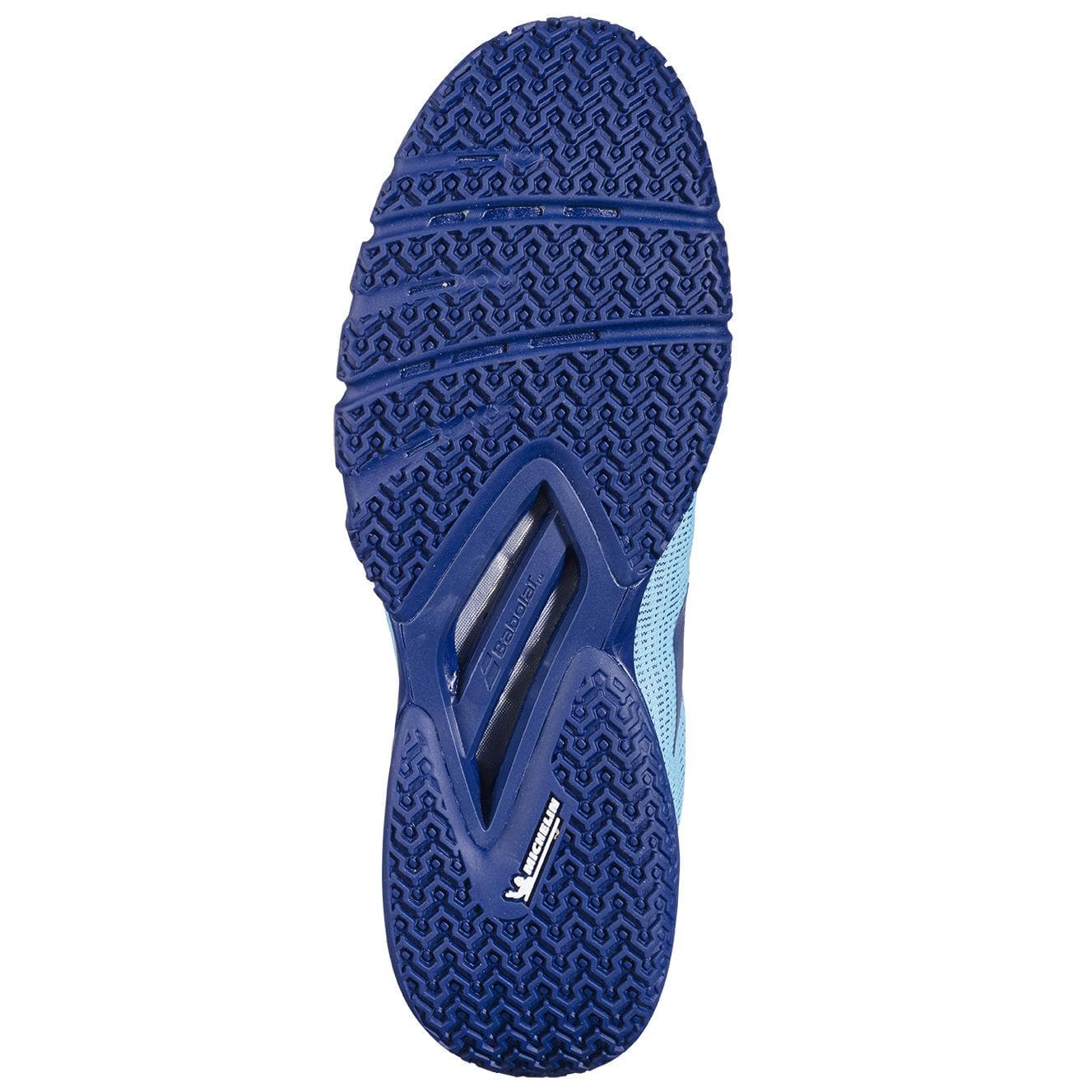 The image shows the blue rubber sole of the Babolat Jet Viva Mens Padel Shoes - Scuba Blue, featuring a wavy tread pattern and "Vibram" in white near the heel, designed by Babolat for intermediate padel players.