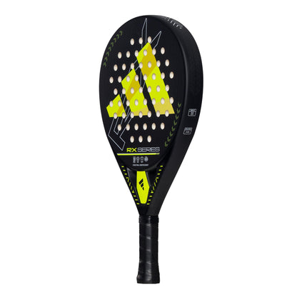 The ADIDAS RX Series Lime 3.4 padel racket, in black and lime, is ideal for intermediate players with its cushioned black grip and bold geometric design. Its aerodynamic shape and strategic holes enhance control during play.