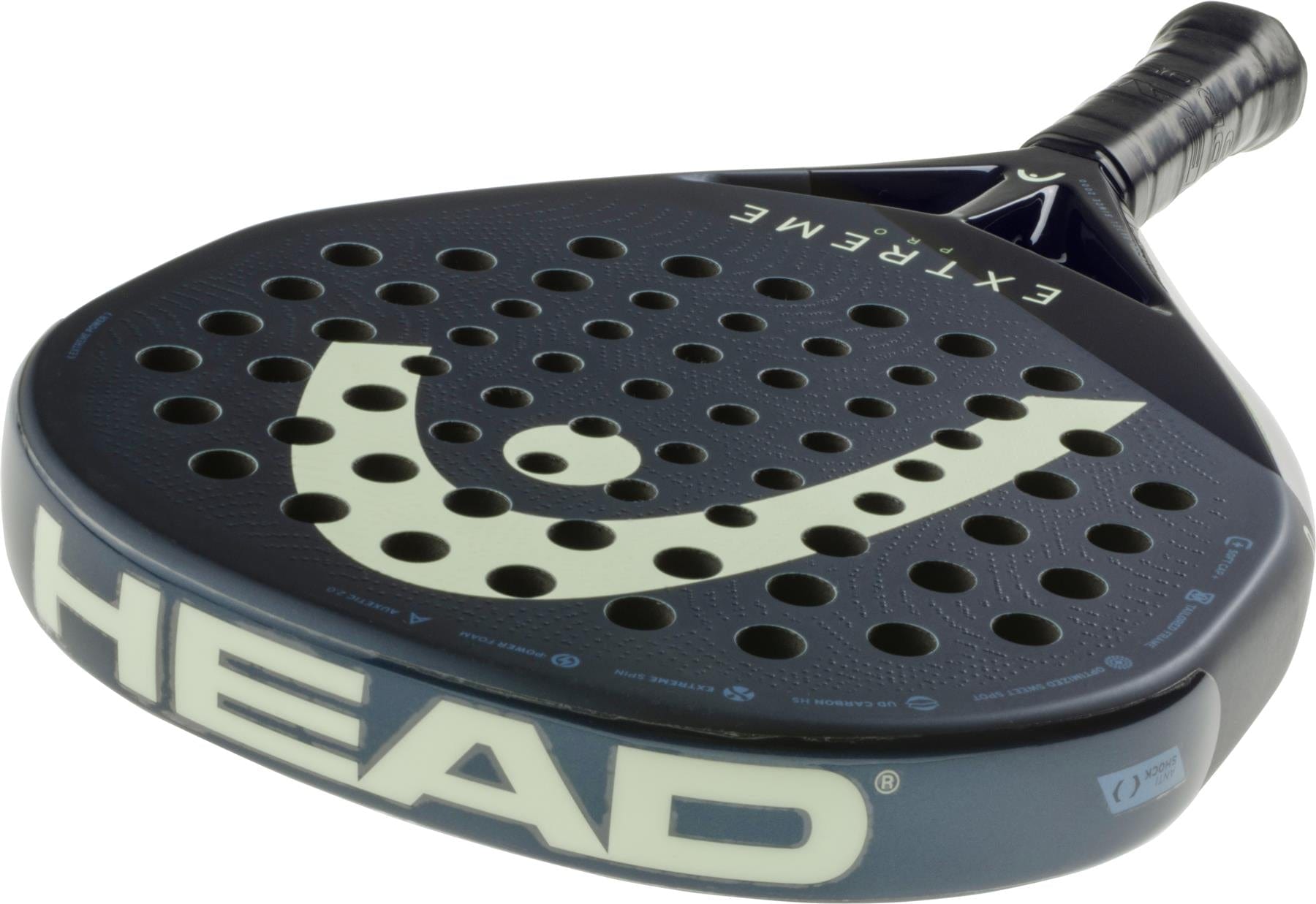 A close-up of the HEAD Extreme Pro 2025 Padel Racket - Blue shows its diamond-shaped head, perforated surface, and "EXTREME" near the handle, with the HEAD logo displayed on the face and edge.