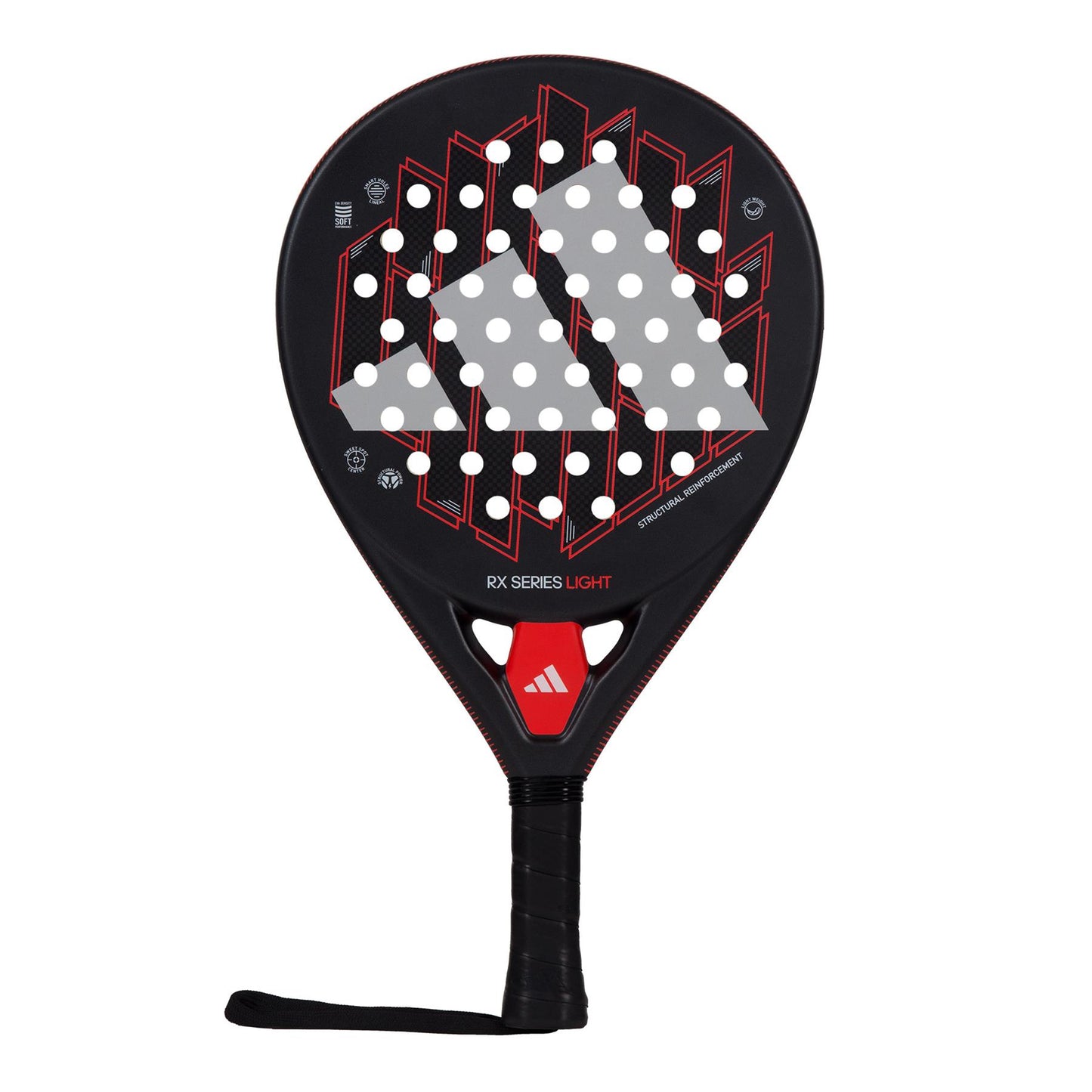 The ADIDAS RX Series Light Padel Racket - Black by adidas features an eye-catching black and red design, with a prominent logo in white dots displayed on its face. Constructed with fiberglass, it has a handle wrapped in black grip tape and comes with a secure wrist strap for enhanced performance.