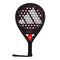 The ADIDAS RX Series Light Padel Racket - Black by adidas features an eye-catching black and red design, with a prominent logo in white dots displayed on its face. Constructed with fiberglass, it has a handle wrapped in black grip tape and comes with a secure wrist strap for enhanced performance.