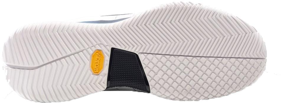 Close-up of the Vibram outsole on Bullpadel X-Plo Vibram 26V Mens Padel Shoes—white, with varied tread for advanced padel players and a yellow Vibram label.