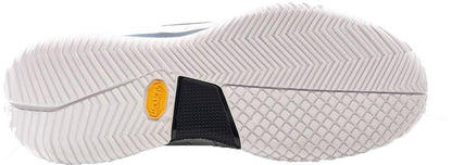 Close-up of the Vibram outsole on Bullpadel X-Plo Vibram 26V Mens Padel Shoes—white, with varied tread for advanced padel players and a yellow Vibram label.
