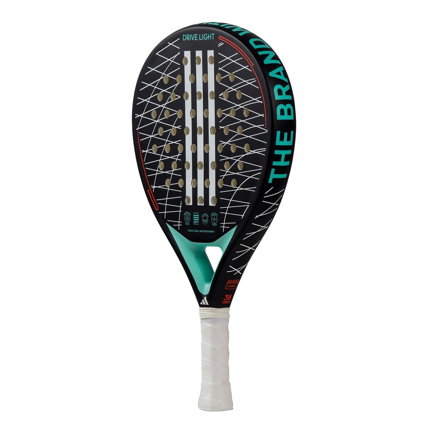 This beginner-friendly padel racket, the ADIDAS Drive Light 3.3 by adidas, features a sleek black and blue design with a gray pattern on its surface, showcasing "DRIVE LIGHT" and "THE BRAND". It's lightweight for excellent control and power, with its handle wrapped in white grip tape to enhance comfort.