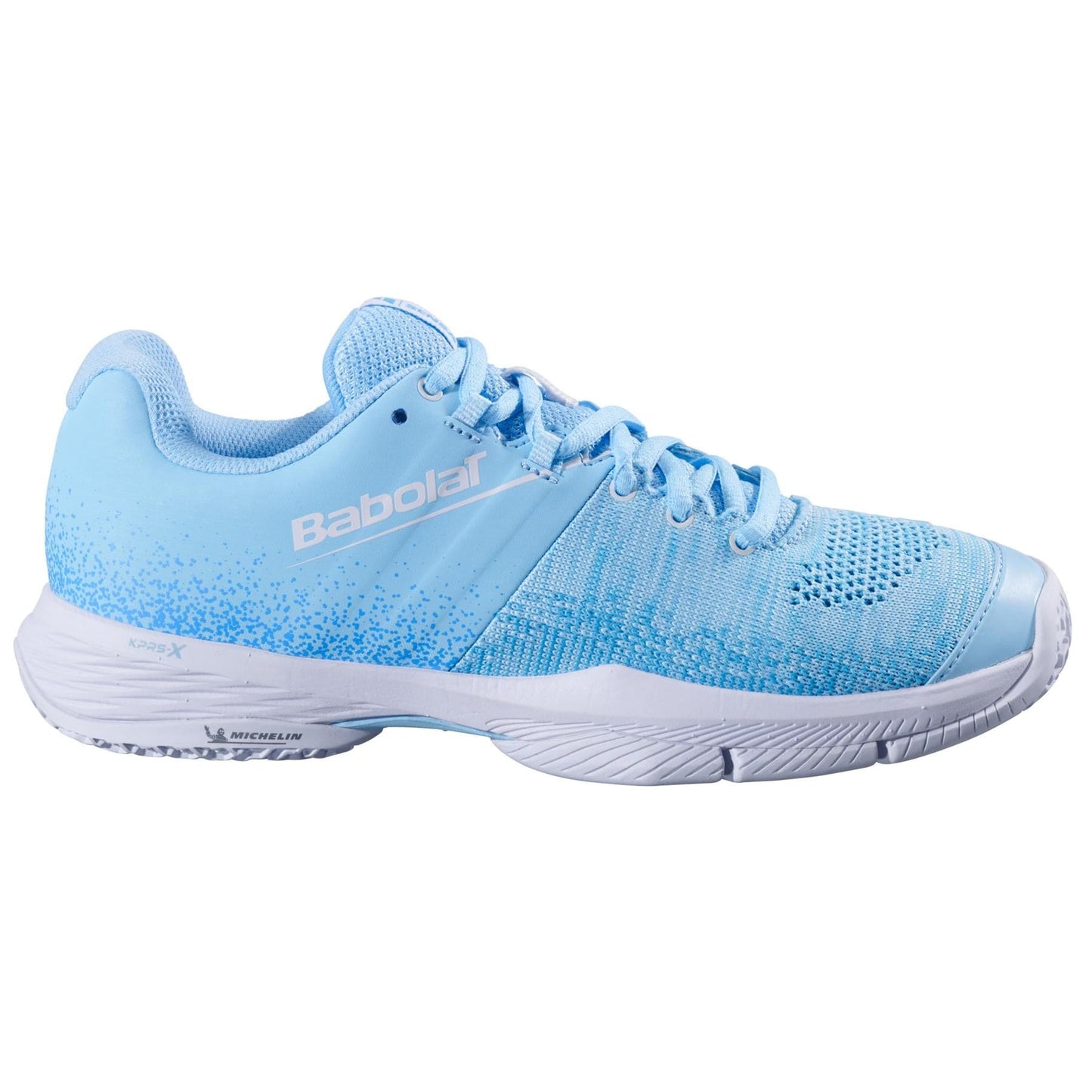 The Babolat Sensa Womens Padel Shoes - Sky Blue / Tigerlily by Babolat feature mesh details, white accents, and a Michelin rubber sole designed for optimal sports performance.