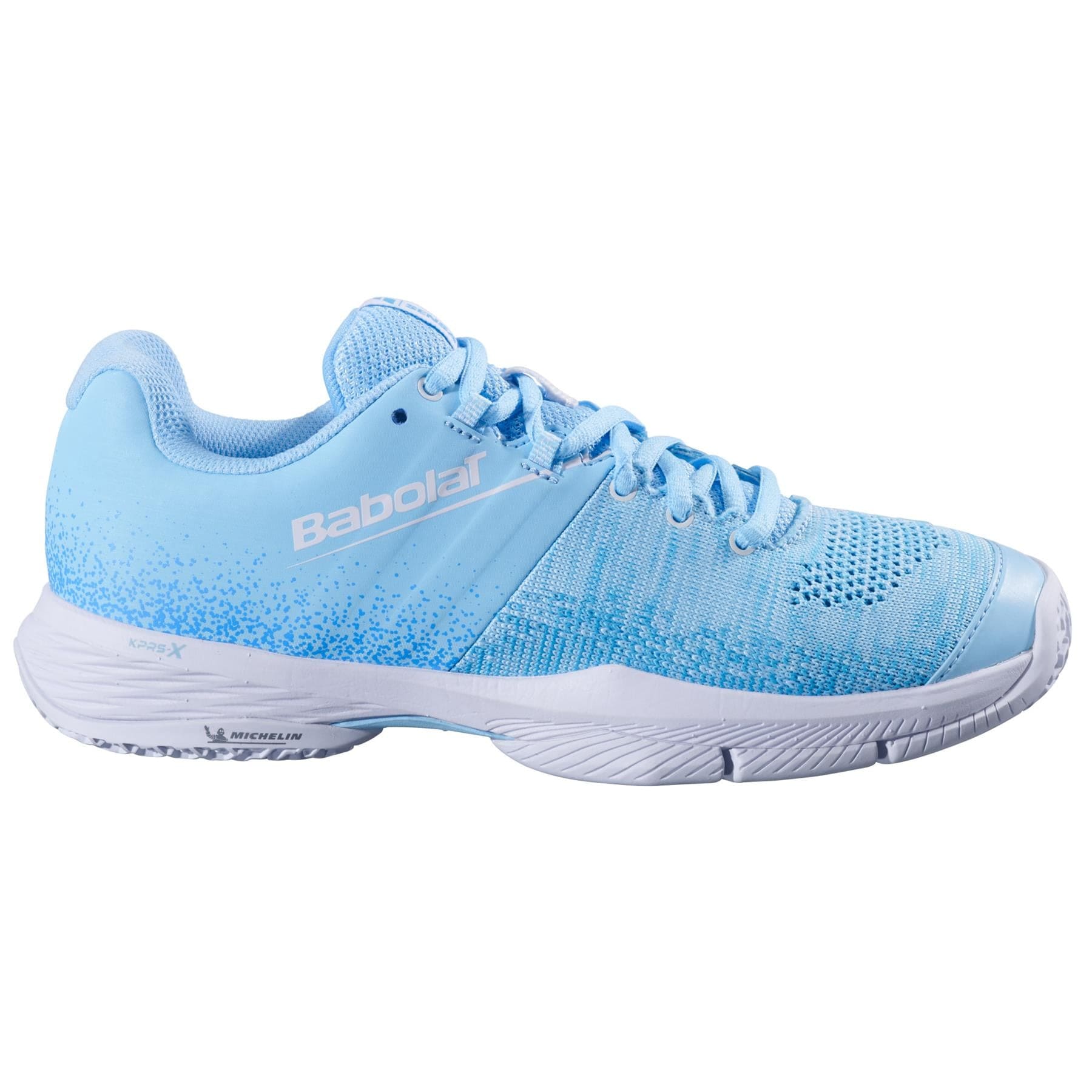 The Babolat Sensa Womens Padel Shoes - Sky Blue / Tigerlily by Babolat feature mesh details, white accents, and a Michelin rubber sole designed for optimal sports performance.