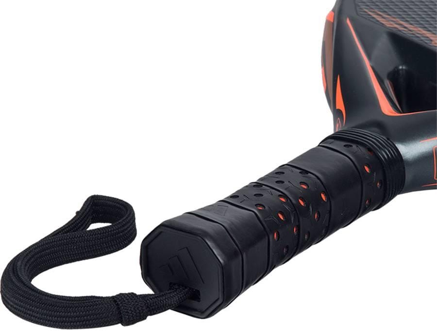 Close-up of the adidas ADIDAS Arrow Hit Carbon CTRL 2026 Padel Racket handle, showing its perforated grip and black wrist strap—ideal for players wanting ultimate control.