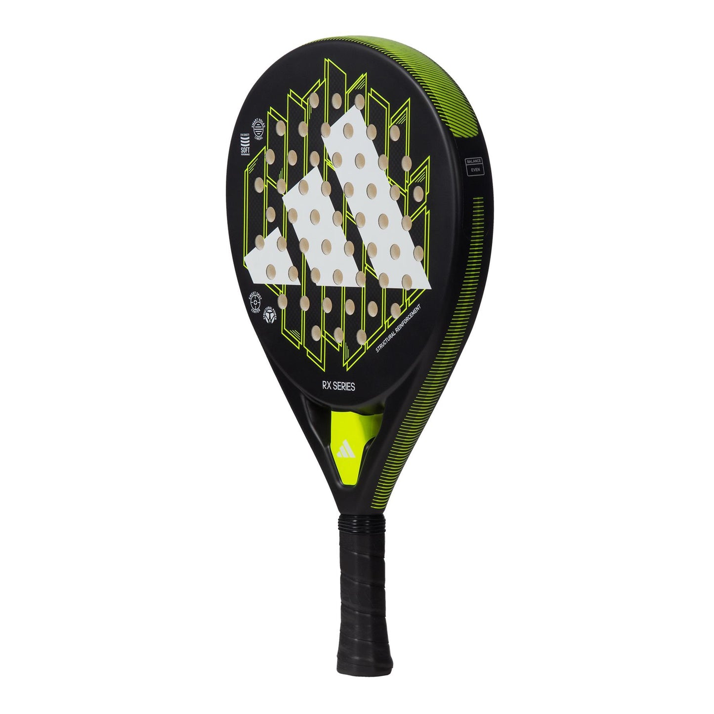 A black and lime Padel Racket, the ADIDAS RX Series from adidas, showcases a large, stylized geometric logo on its face. Built with fiberglass construction, it features a black-wrapped handle and a face pattern of small holes for enhanced performance.