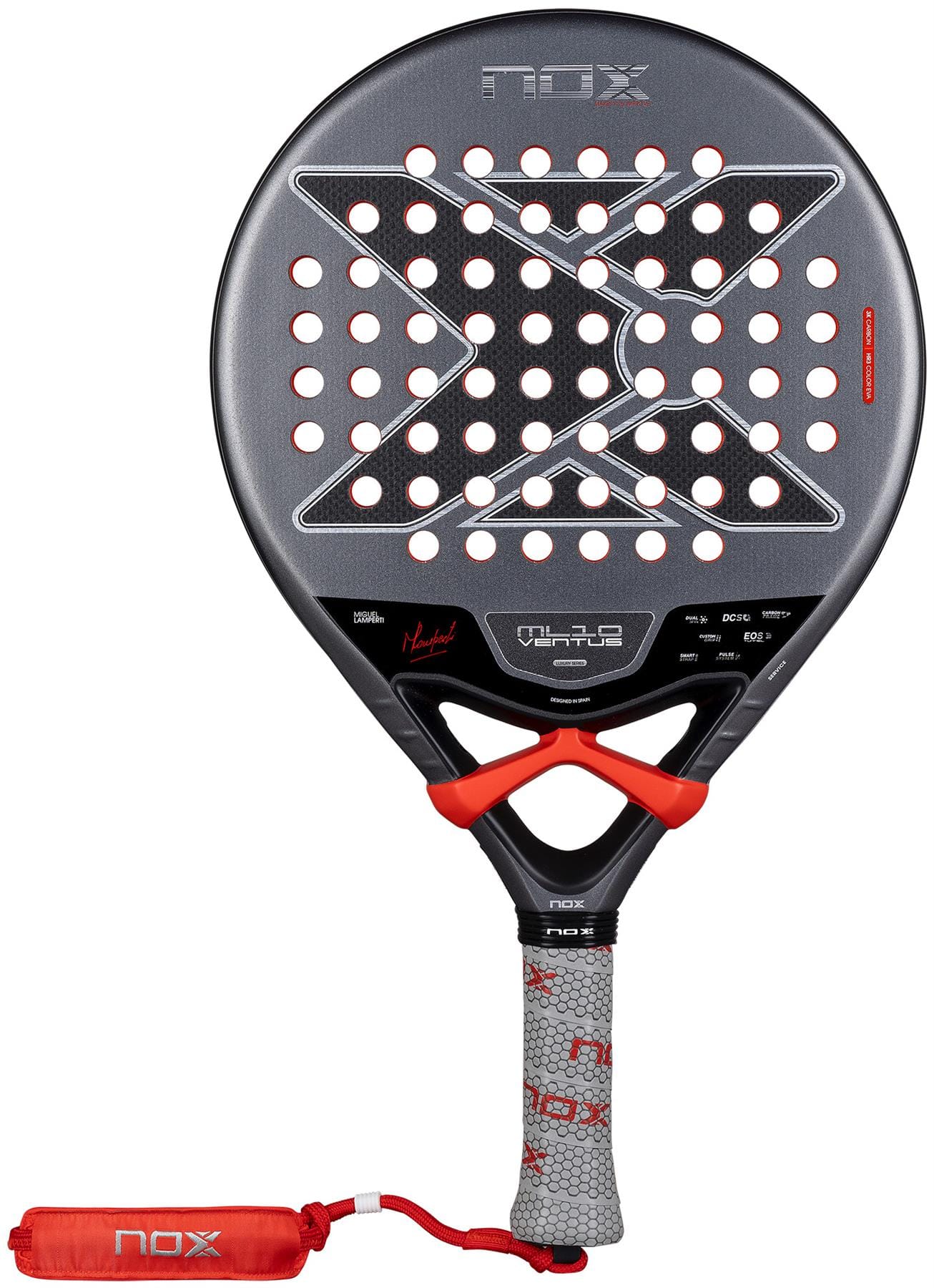The NOX ML10 Ventus Control 3K By Miguel Lamperti 2026 is a black and grey padel racket with red accents, perforated round head, X-shaped design, textured grip, and a red wrist strap for superior on-court control.