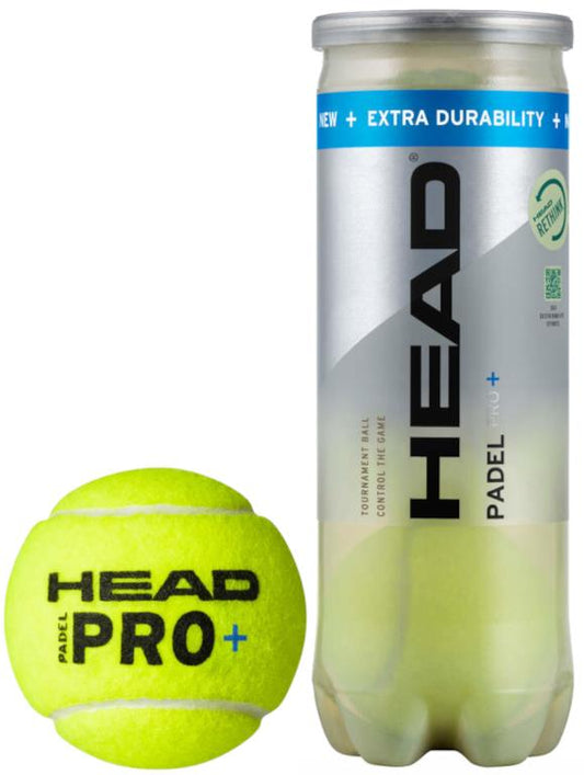 A tube of HEAD Padel Pro+ Padel Balls, endorsed by the Spanish Padel Federation, features a blue "extra durability" label, with a yellow padel ball marked "Head Padel Pro+" beside it.