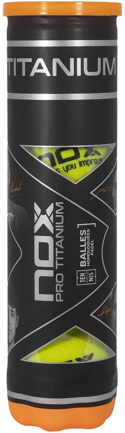 The NOX Pro Titanium Padel Balls - 4 Ball Tube comes in a black and orange cylindrical container with player images, featuring visible yellow balls inside. Designed for professionals, this tube is branded by NOX.
