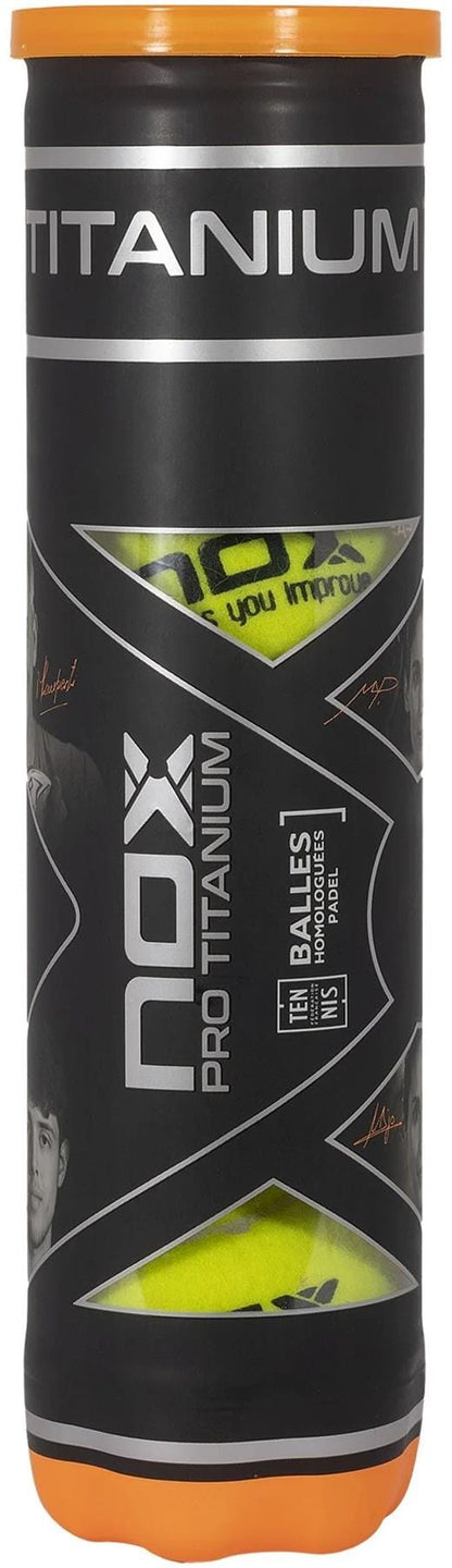 The NOX Pro Titanium Padel Balls - 4 Ball Tube comes in a black and orange cylindrical container with player images, featuring visible yellow balls inside. Designed for professionals, this tube is branded by NOX.