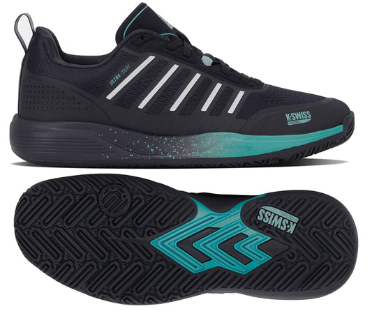 K-Swiss Ultra Court Mens Padel Shoes in Carbon, Baltic, and Glacier Gray are displayed in both side and bottom views. These lightweight shoes feature a textured sole with teal chevron patterns for enhanced grip and traction on the padel court, while the sides highlight classic white stripes and prominent K-Swiss branding.