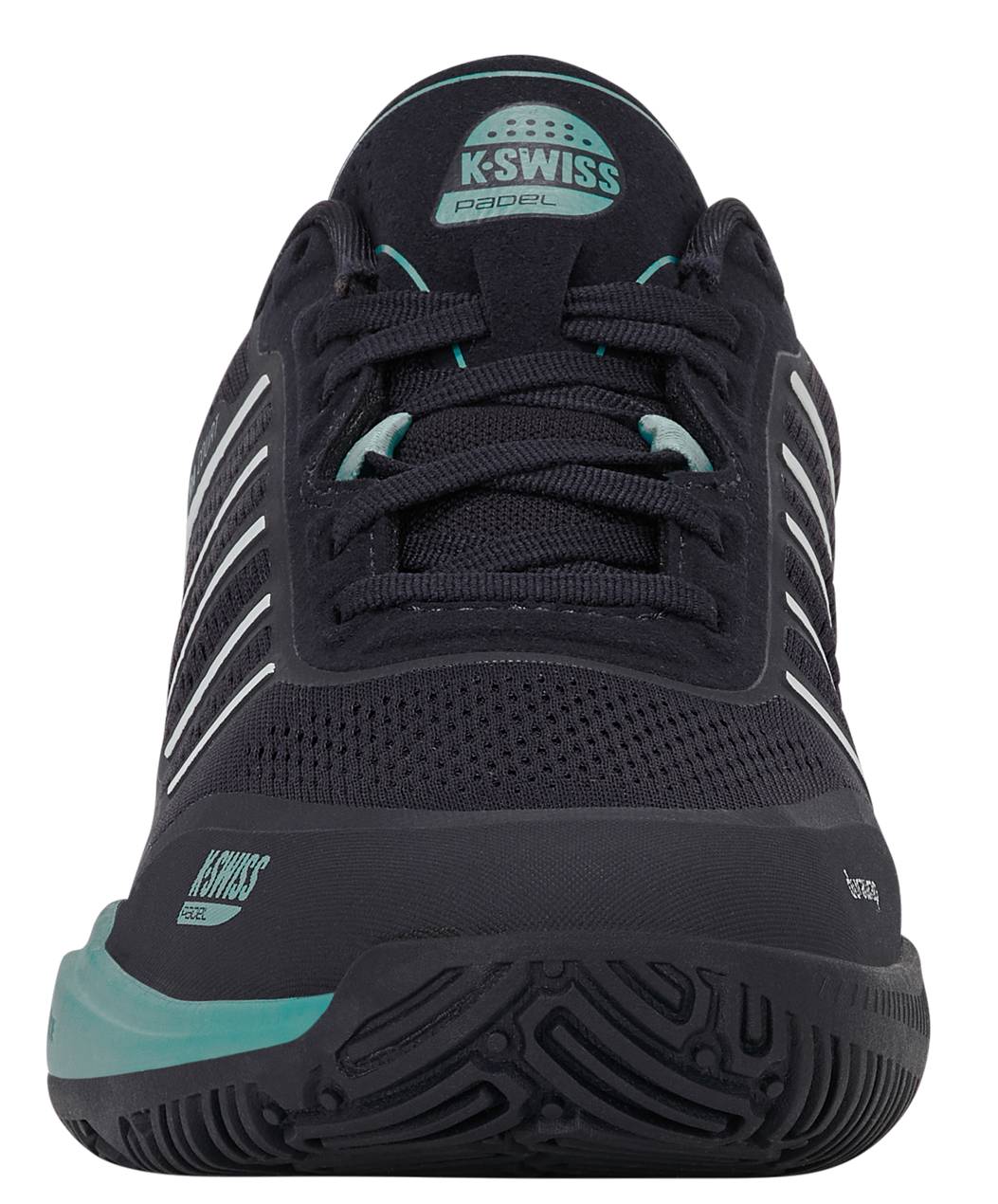 Front view of the K-Swiss Ultra Court Mens Padel Shoes in Carbon / Baltic / Glacier Gray, featuring a breathable mesh upper with teal accents and signature white stripes along the sides. Designed to be lightweight for padel play, these shoes deliver a textured sole for optimal court grip, with the K-Swiss logo displayed on both the tongue and side.