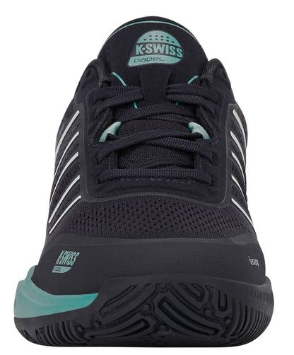 Front view of the K-Swiss Ultra Court Mens Padel Shoes in Carbon / Baltic / Glacier Gray, featuring a breathable mesh upper with teal accents and signature white stripes along the sides. Designed to be lightweight for padel play, these shoes deliver a textured sole for optimal court grip, with the K-Swiss logo displayed on both the tongue and side.
