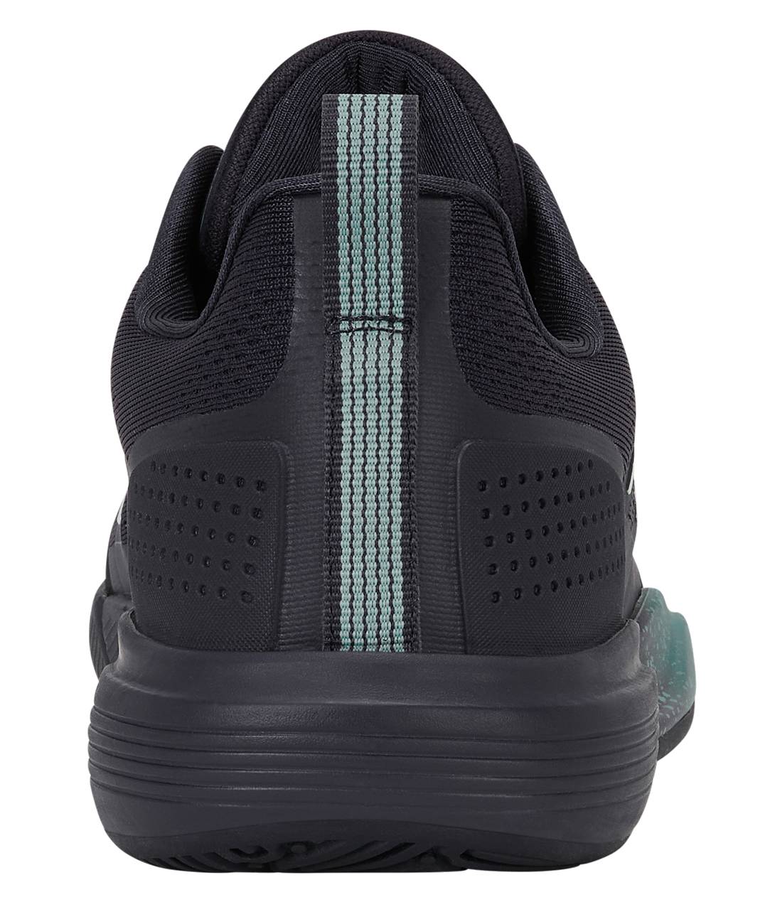 A black athletic shoe seen from the back, showcasing a textured sole and a vertical light blue stripe down the heel, the K-Swiss Ultra Court Mens Padel Shoes in Carbon / Baltic / Glacier Gray offer both style and support. Crafted by K-Swiss as lightweight padel shoes, they are perfect for players who prioritize comfort and performance on the padel court.
