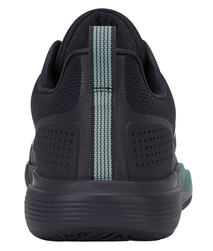 A black athletic shoe seen from the back, showcasing a textured sole and a vertical light blue stripe down the heel, the K-Swiss Ultra Court Mens Padel Shoes in Carbon / Baltic / Glacier Gray offer both style and support. Crafted by K-Swiss as lightweight padel shoes, they are perfect for players who prioritize comfort and performance on the padel court.