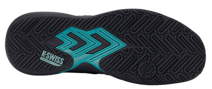 The image features the sole of the K-Swiss Ultra Court Men’s Padel Shoes in Carbon/Baltic/Glacier Gray, showcasing a black base with a teal geometric pattern and the K-Swiss logo near the heel—emphasizing both style and high performance for those in search of lightweight court footwear.
