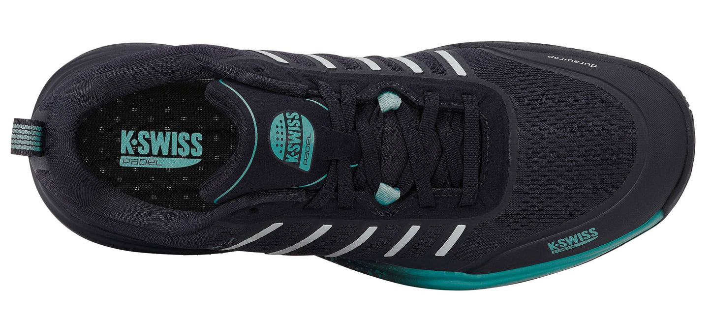 Top view of the K-Swiss Ultra Court Mens Padel Shoes in Carbon, Baltic, and Glacier Gray, showcasing teal accents, white stripes, and visible laces. These lightweight padel shoes feature the K-Swiss logo on both the tongue and outer side, making them an excellent choice for high-performance play on the padel court.