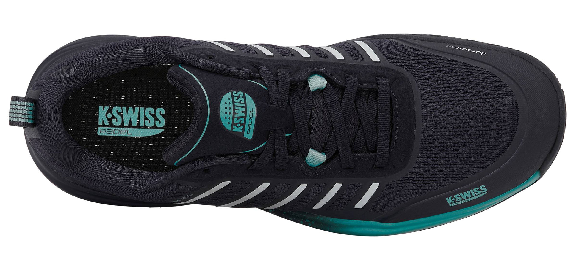 Top view of the K-Swiss Ultra Court Mens Padel Shoes in Carbon, Baltic, and Glacier Gray, showcasing teal accents, white stripes, and visible laces. These lightweight padel shoes feature the K-Swiss logo on both the tongue and outer side, making them an excellent choice for high-performance play on the padel court.