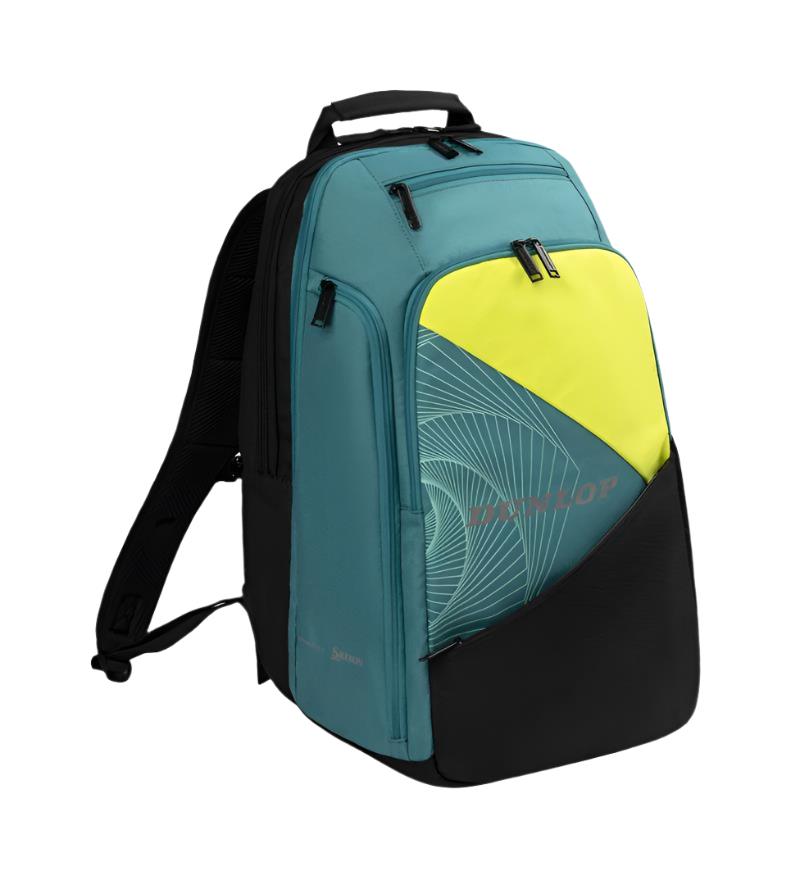 The Dunlop SX Performance Padel Backpack, in teal, black, and yellow with abstract swirls on the front pocket, boasts ergonomic shoulder straps and multiple zippered compartments for stylish and functional racket transport.