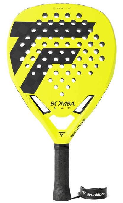 The Tecnifibre Bomba Max Padel Racket features a bright yellow design with black accents and grip, a perforated face, and a Tecnifibre-branded wrist strap, delivering explosive power on the court.