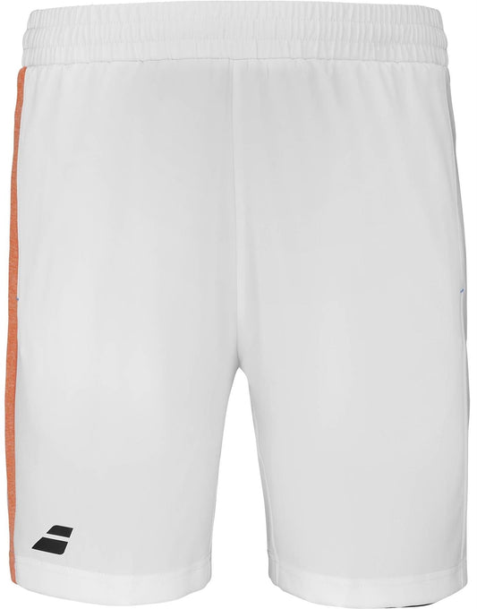 Babolat Play Men’s Padel Shorts in white feature an elastic waistband, orange stripe on the left side, and a small black logo—perfect athletic wear for racket sports.