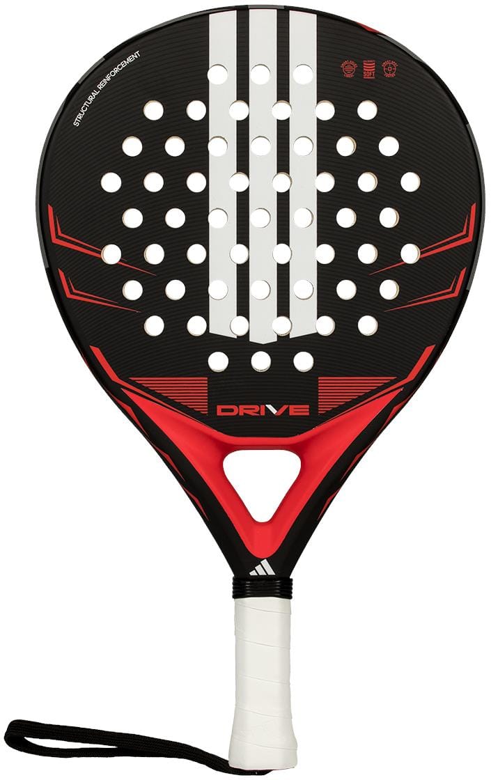 The adidas Drive Black 2026 Padel Racket features a fibreglass build in black and red with white accents, a perforated face, wrist strap, and "DRIVE" on the neck—ideal for beginner padel players.