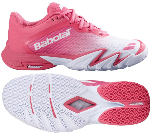 Babolat Premura 3 Women's Padel Shoes in Sun Kissed Coral are shown from the side and bottom, featuring a dynamic design, lace-up closure, and a Michelin-branded textured sole for grip and durability.