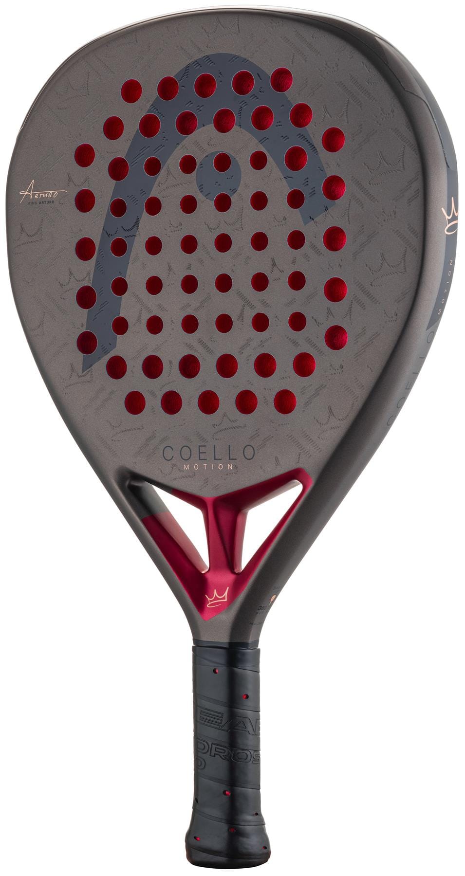 The HEAD Coello Motion 2026 Padel Racket features a modern diamond shape, matte black finish, red accents with a pattern of red holes, and displays the HEAD brand logo and product name. Inspired by Arturo Coello.