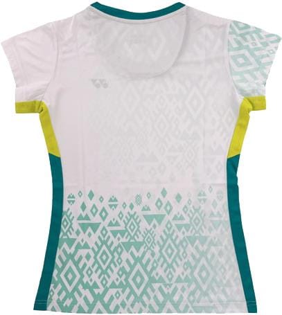 The Yonex YTL11 Womens Padel T-Shirt - White features short sleeves, green geometric designs, yellow side accents, and teal panels—ideal for women wanting stylish Yonex sportswear on the padel court.